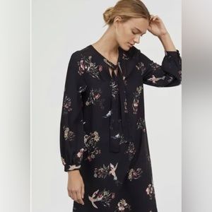 H&M Black Floral Bird print Dress with tie neck Size 8